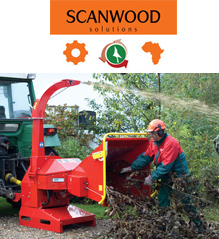 Scanwood logo above a person feeding a tree into a TP Wood chipper